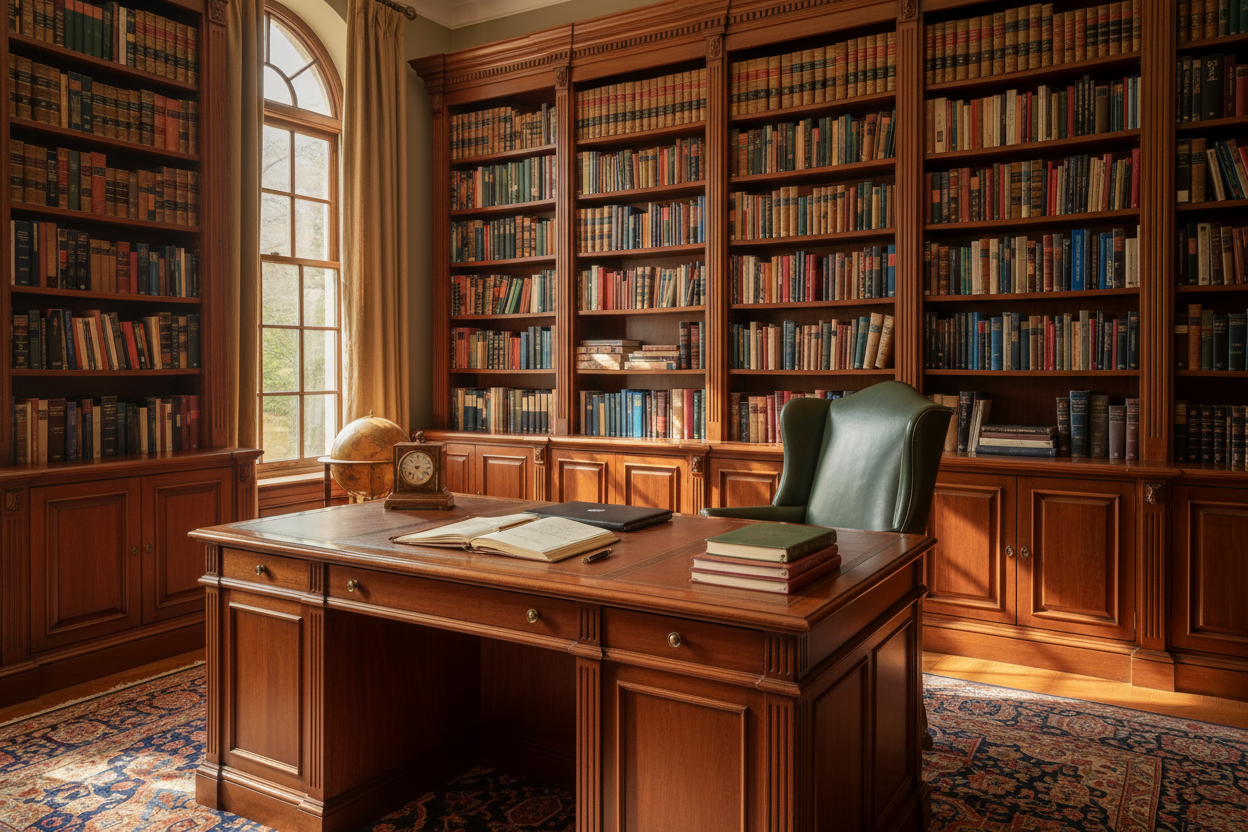 Welcoming office with books and seating